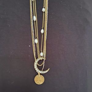 11” multi chain coin and half moon necklace, and pearl necklace.  Gold c…
